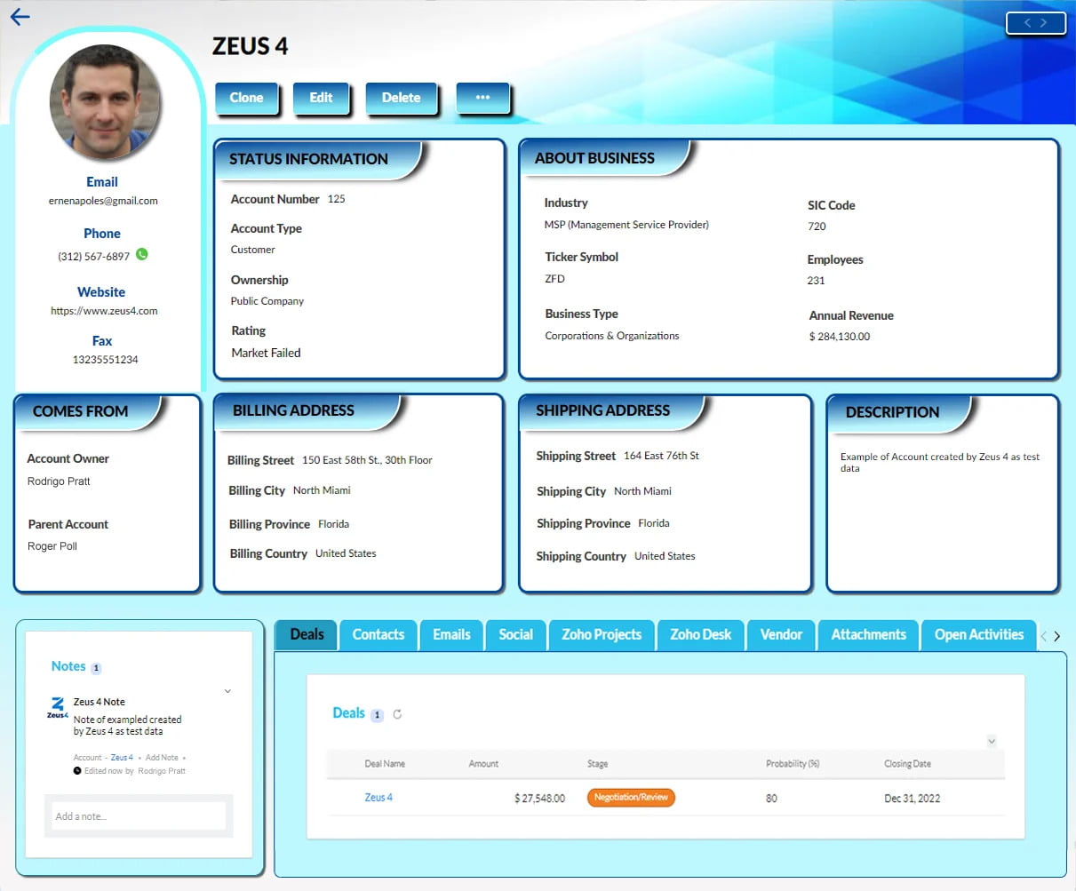 Accounts, Canvas View. Zoho CRM