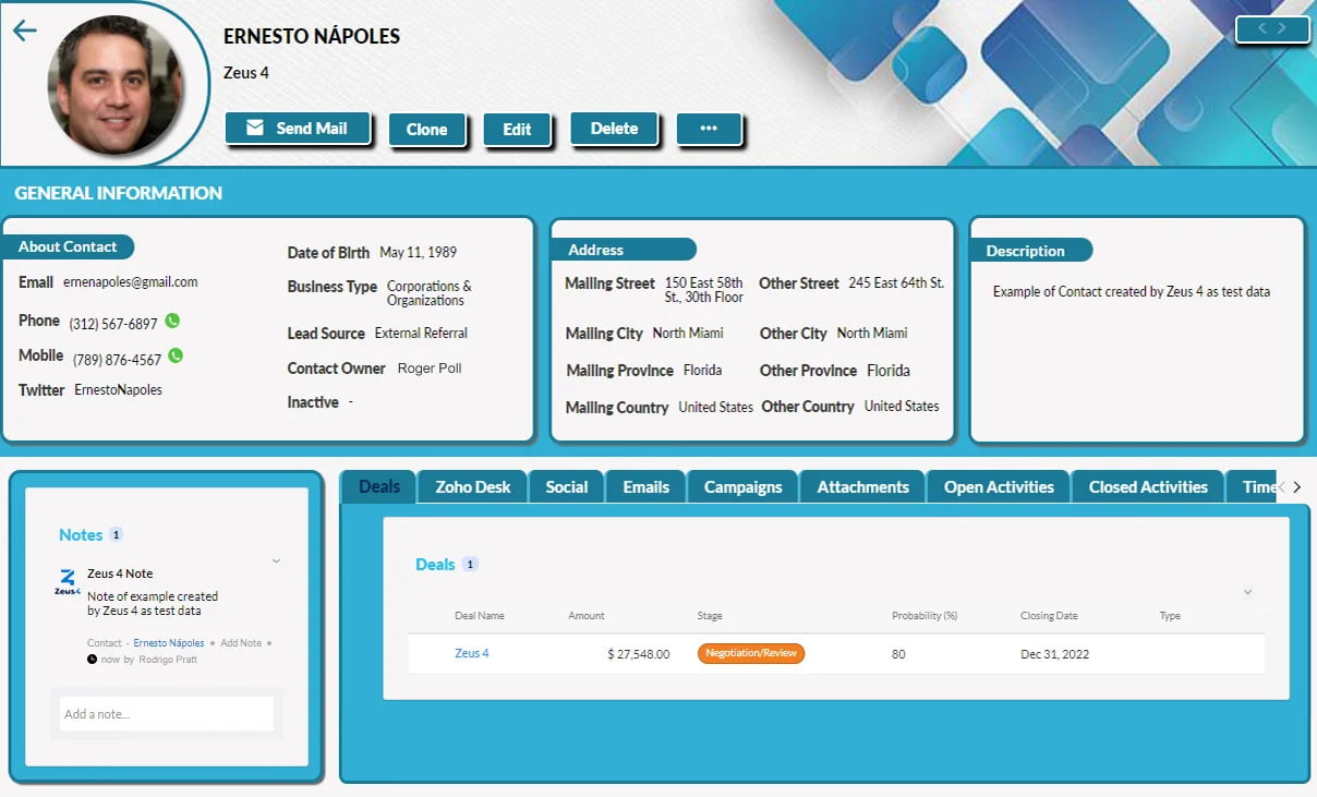 Contacts, Canvas View. Zoho CRM